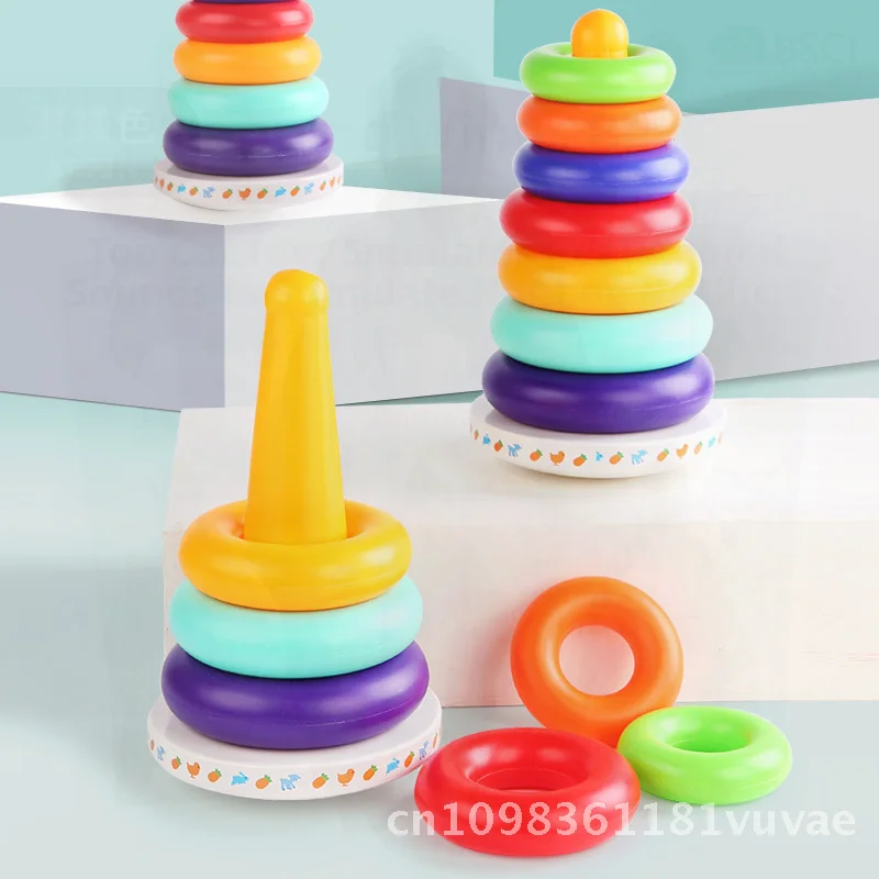 어린이용 무지개 타워 음악 텀블러 쌓기 장난감, 0-3세 유아 발달을 위한 다채로운 링 쌓기