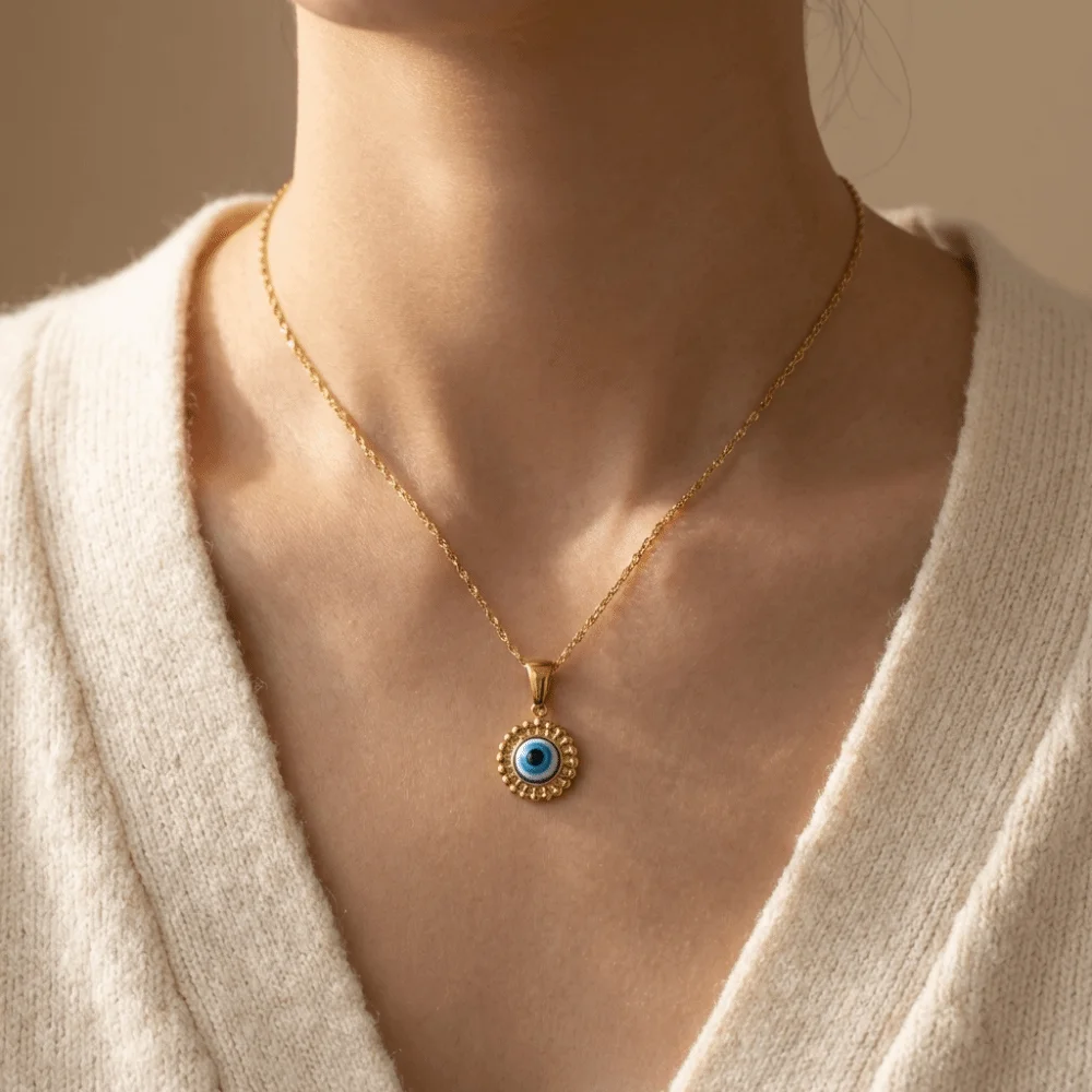 Stainless Steel Blue Eye Pendant Necklace Minimalist Layering Necklace Charm Demon Eye Necklace Adjustable Retro Style