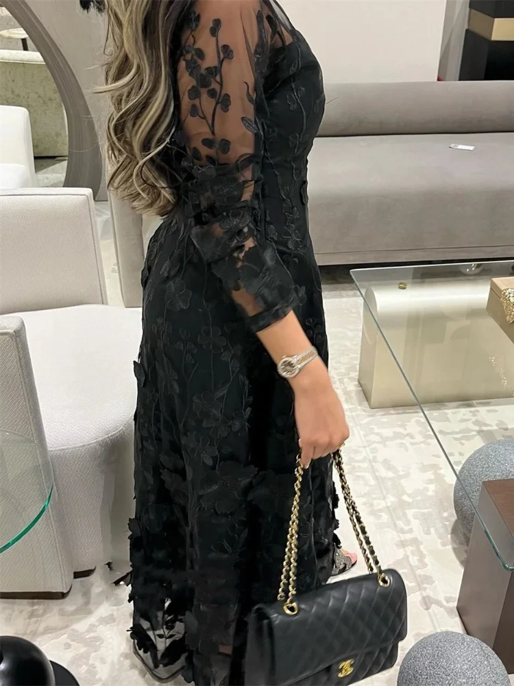 Vestido feminino de manga comprida com decote em O, bola, joias da Arábia Saudita, vestido formal com tornozelo