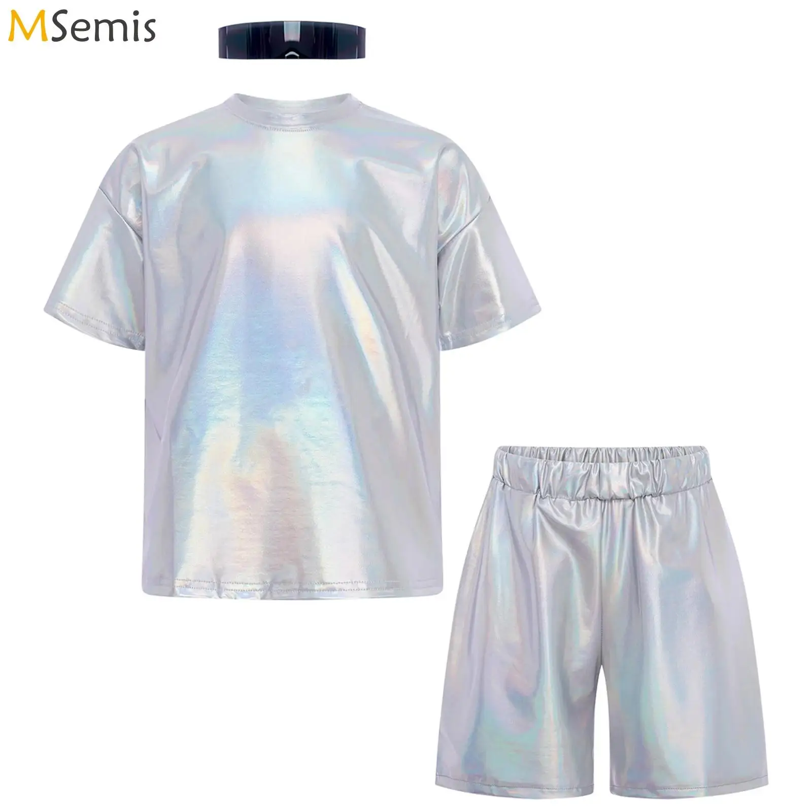 

Kids Boys Hip-Hop Performance Costume Metallic Jazz Dance Outfit Round Neck Short Sleeve T-shirt with Elastic Waistband Shorts