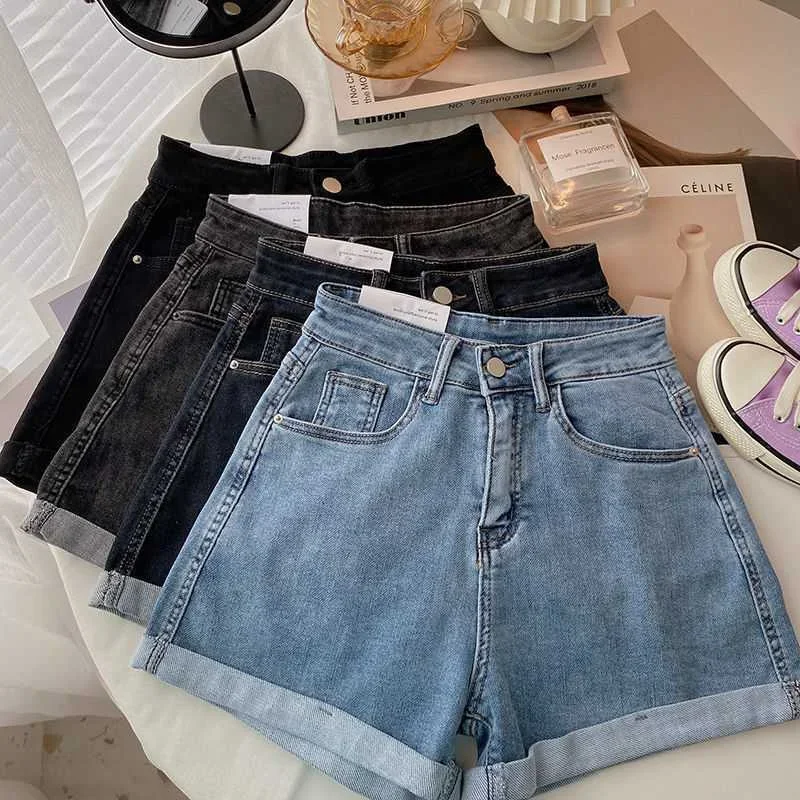 

High-waisted Plus-size Women Jeans Student Casual Versatile Trendy A- line Hot Pants Cotton Material Straight Cylinder Style