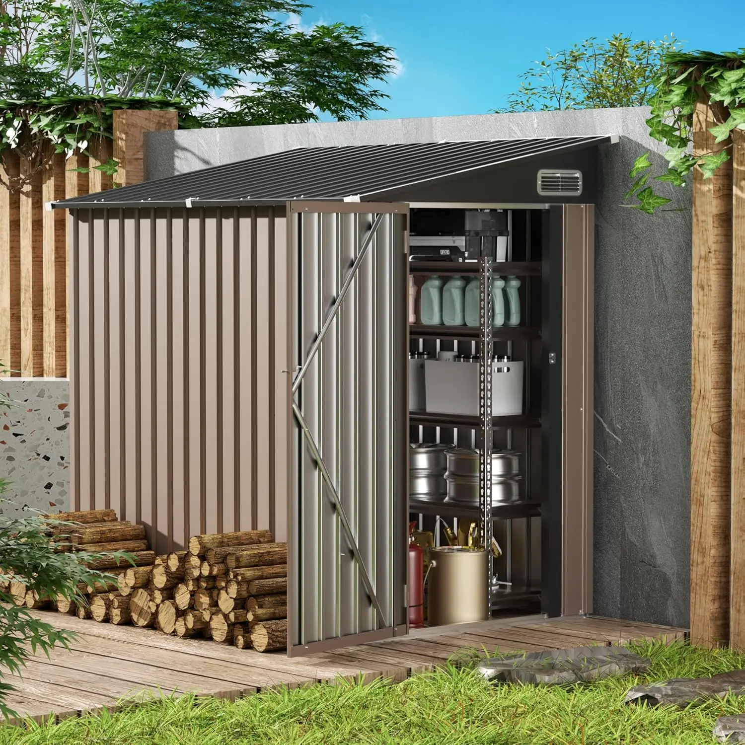 Outdoor Lean to Storage Shed for Garden, Backyard, Patio, Lawn - Brown 4x6FT Metal, Wall Side Bike Shed, Lockable Door