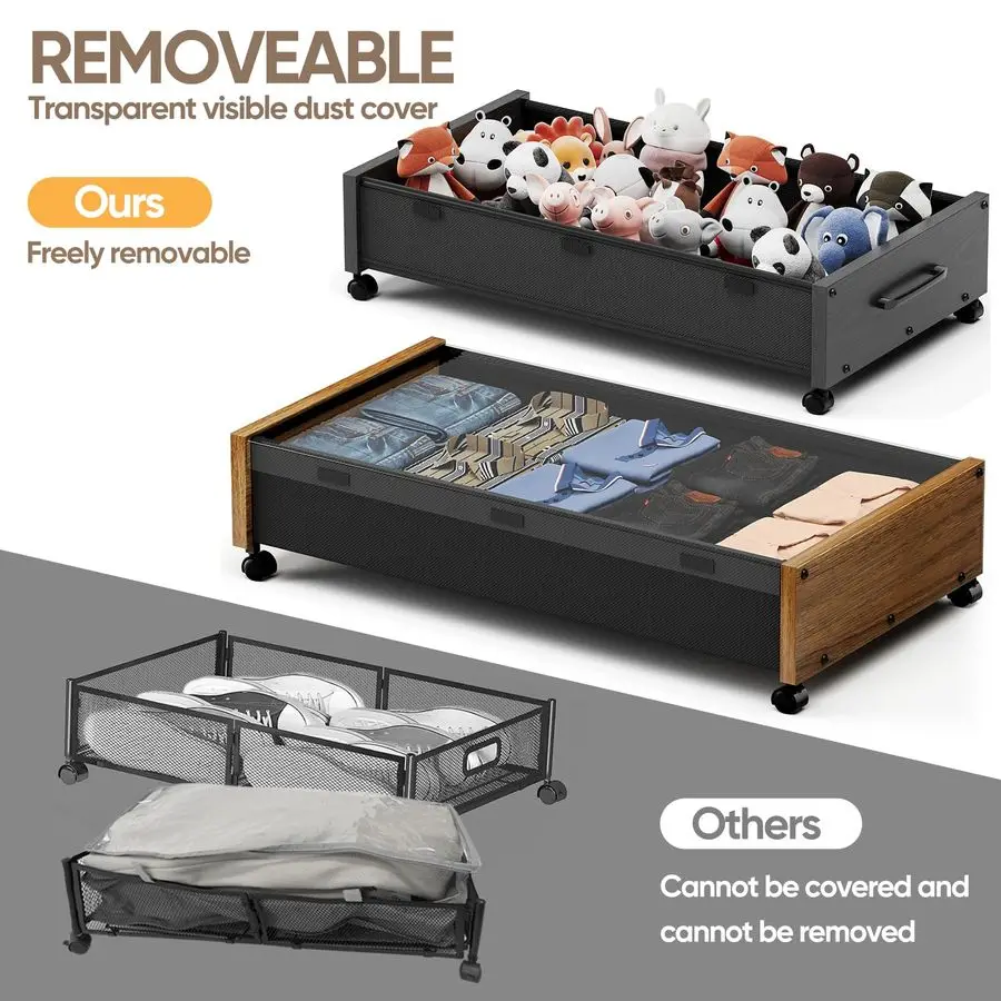 Rangement de lit avec roulettes, conteneurs de rangement de chaussures sous le lit, tiroirs de rangement sous le lit avec couvercle, tissu de couvertures roulantes en bois