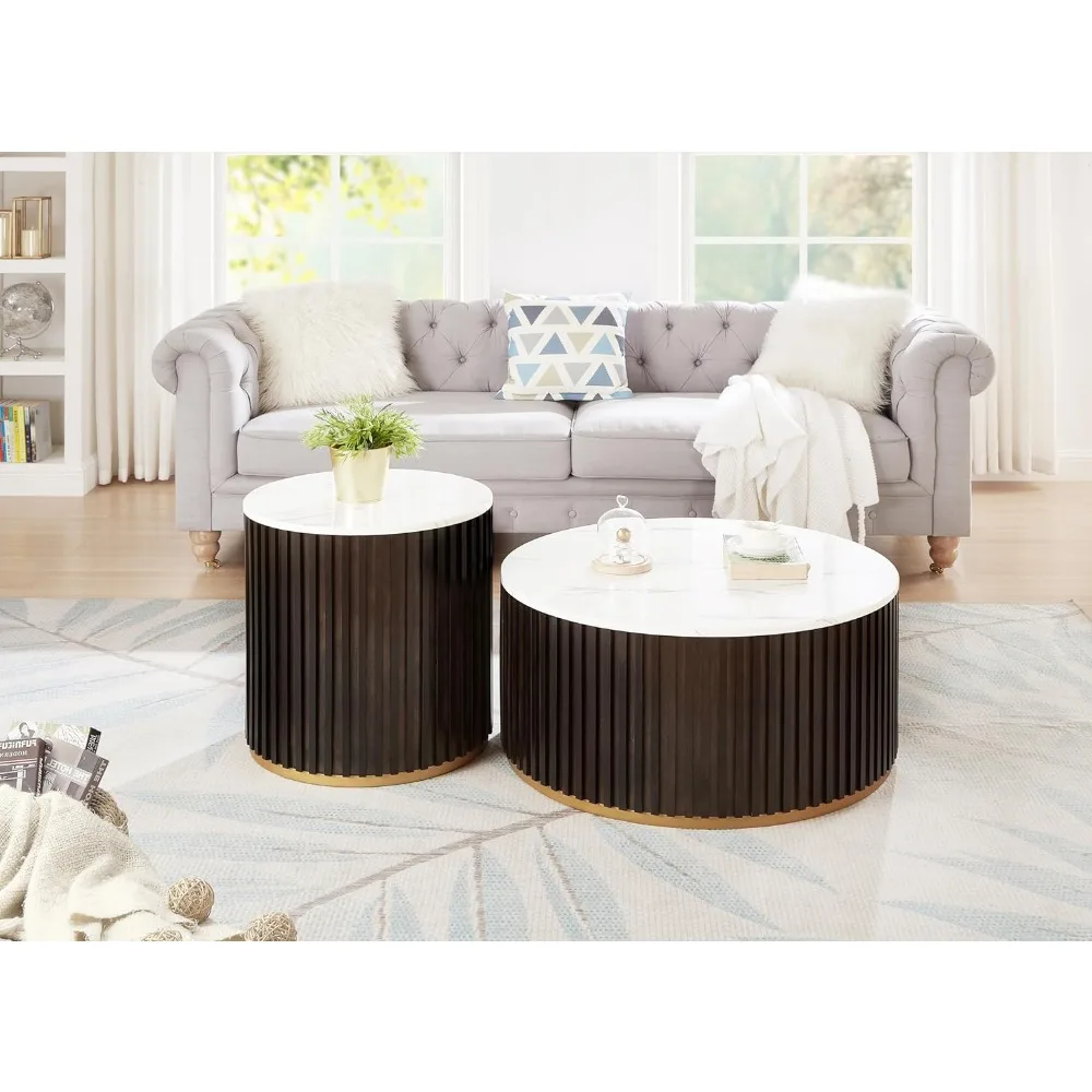 Round Wood End Table with Marble Lid ＆ Hidden Storage, Modern Handcraft Drum End Table, Circle Wooden Ends Tables for Apartment