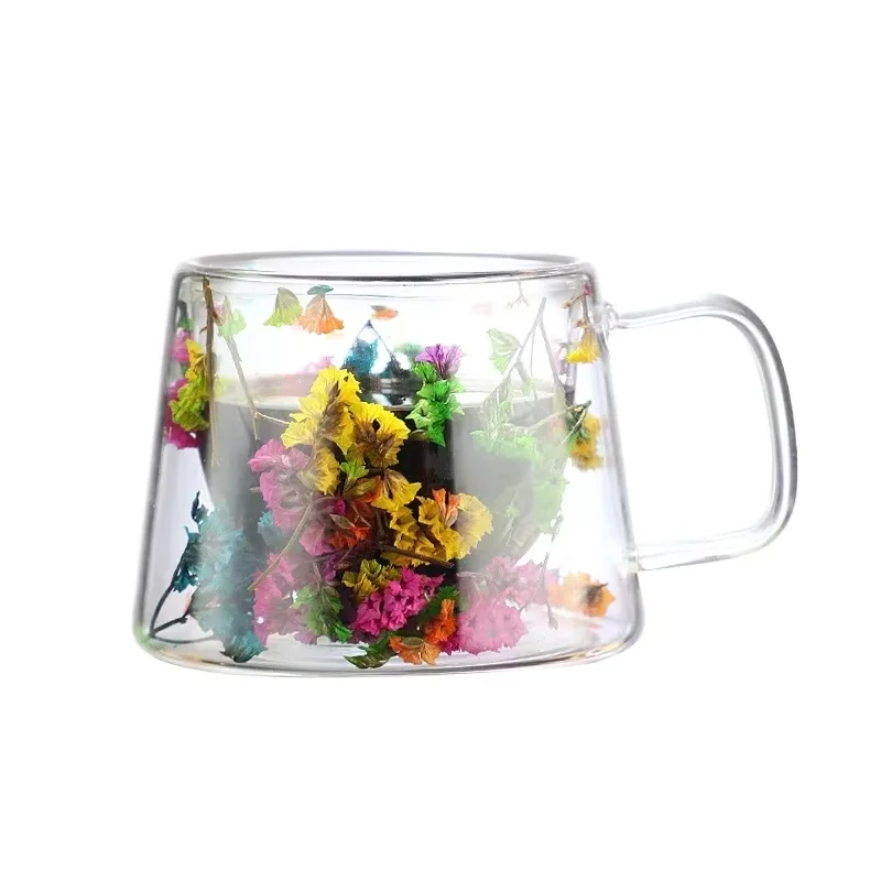 Doppelwandiges Glas im Boho-Stil mit getrockneten Blumen, verzierte Keramik-Tee-/Kaffee-/Milchbecher, hitzebeständiger Griff, Partyküche