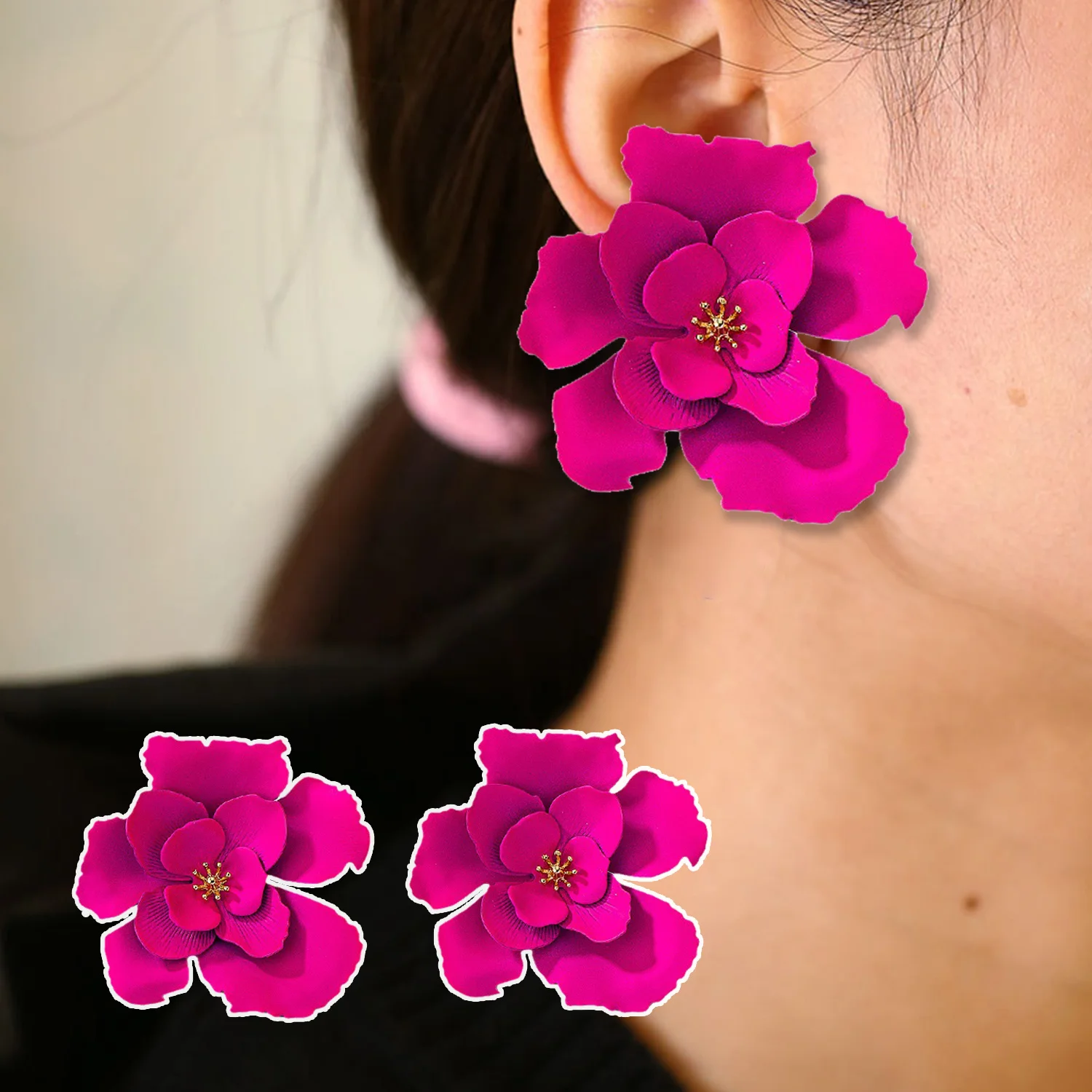 New Fashionable Candy Color Exaggerated Flower Earrings For Women 2023 Trending Popular Design Sense Rose Red Petals Big Earring