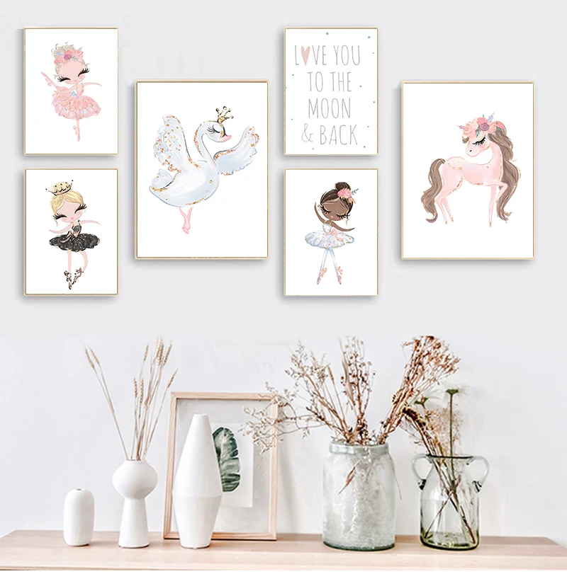 Affiche de toile de petite princesse ballerine, impression de fz rose, peinture d'art mural de pépinière, image de fille de ballet, décor de chambre de bébé