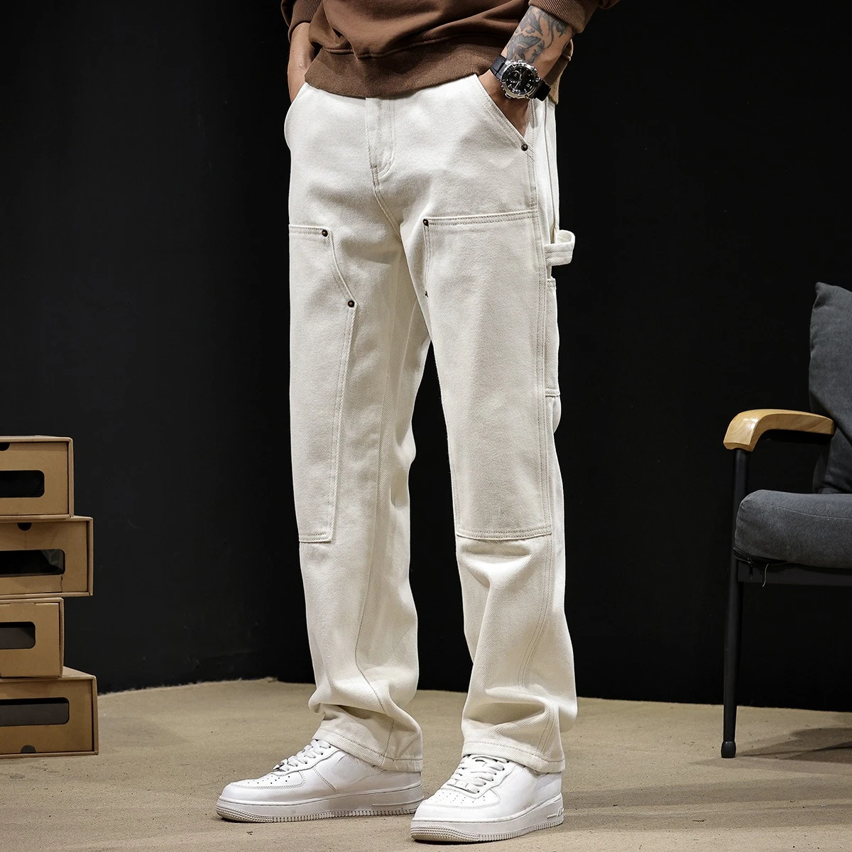 2026 American Style Fashion Four Seasons Men Straight Spliced Casual Trendy Simple Basic Daily Cargo Denim Trousers Male Jeans