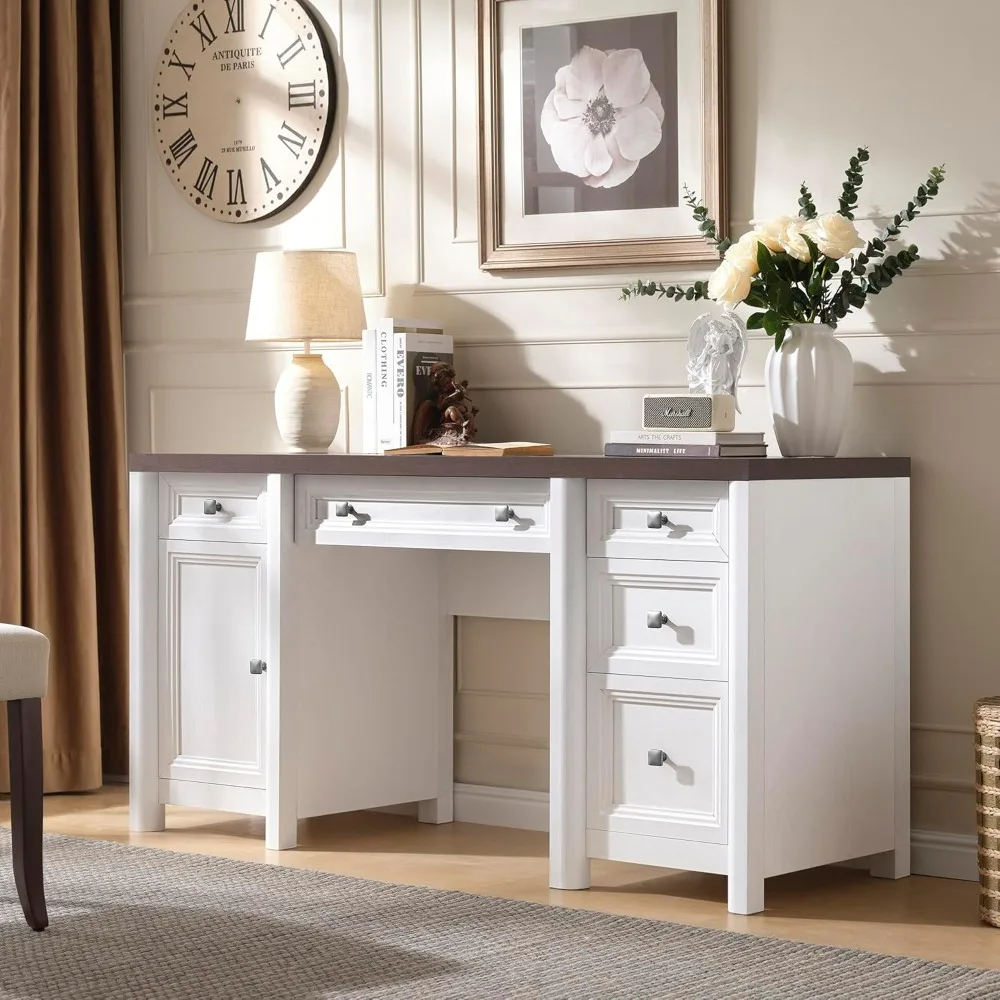 مكتب كمبيوتر المزرعة "58" - 5 أدراج وخزانة، رف ريفي قابل للتعديل لغرفة الدراسة" #5