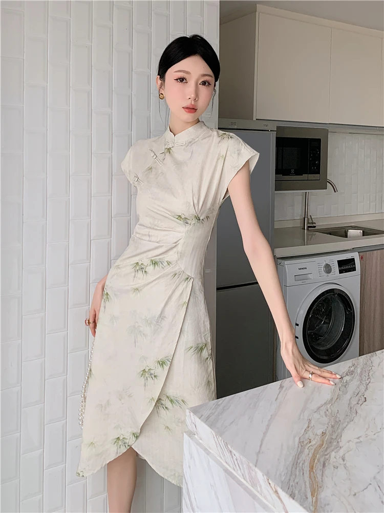 CHEERART Vintage Bamboo Print Cheongsam Bodycon Long Dress For Women 2023 Summer Sleeveless A Line Qipao Dress Aesthetic Clothes