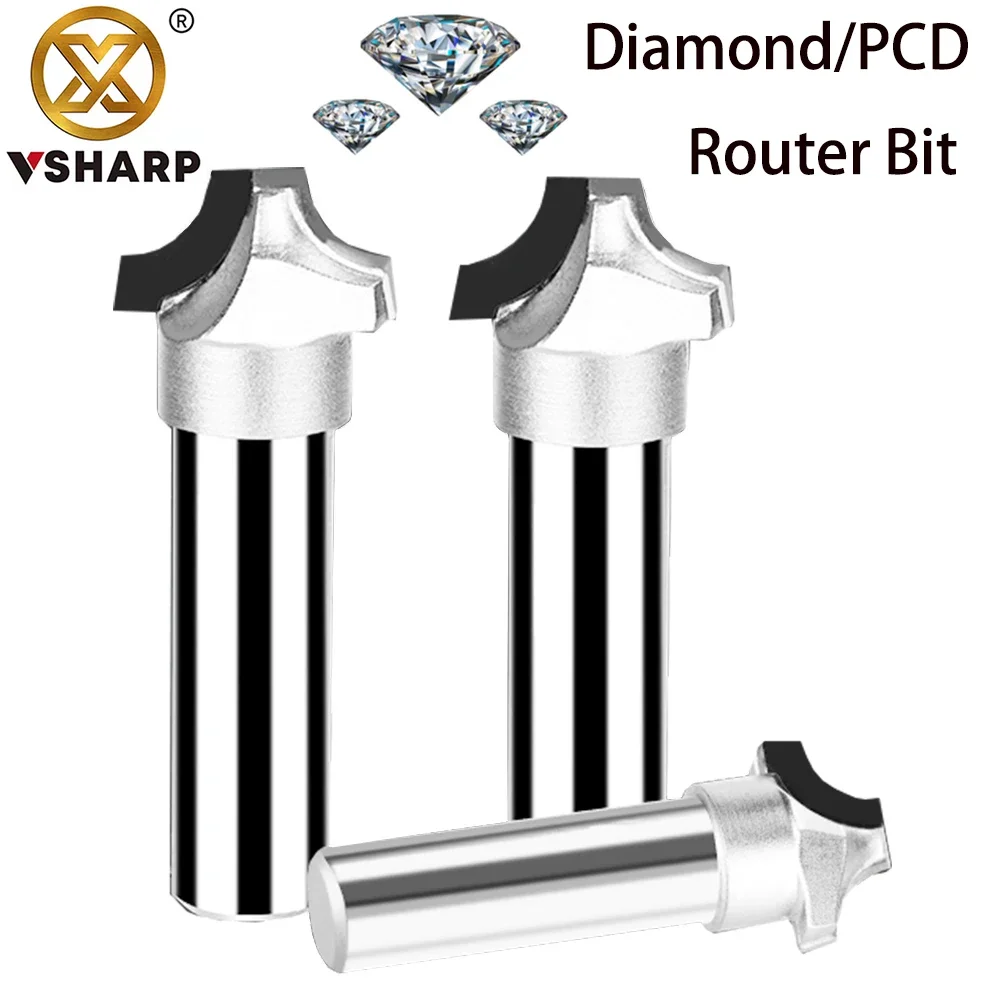 Vsharp Diamond Cutter PCD Cutting Round Over Bit  Slotting Cabinet Door Carved Engraving Milling Cutter Longlife for MDF Plywood