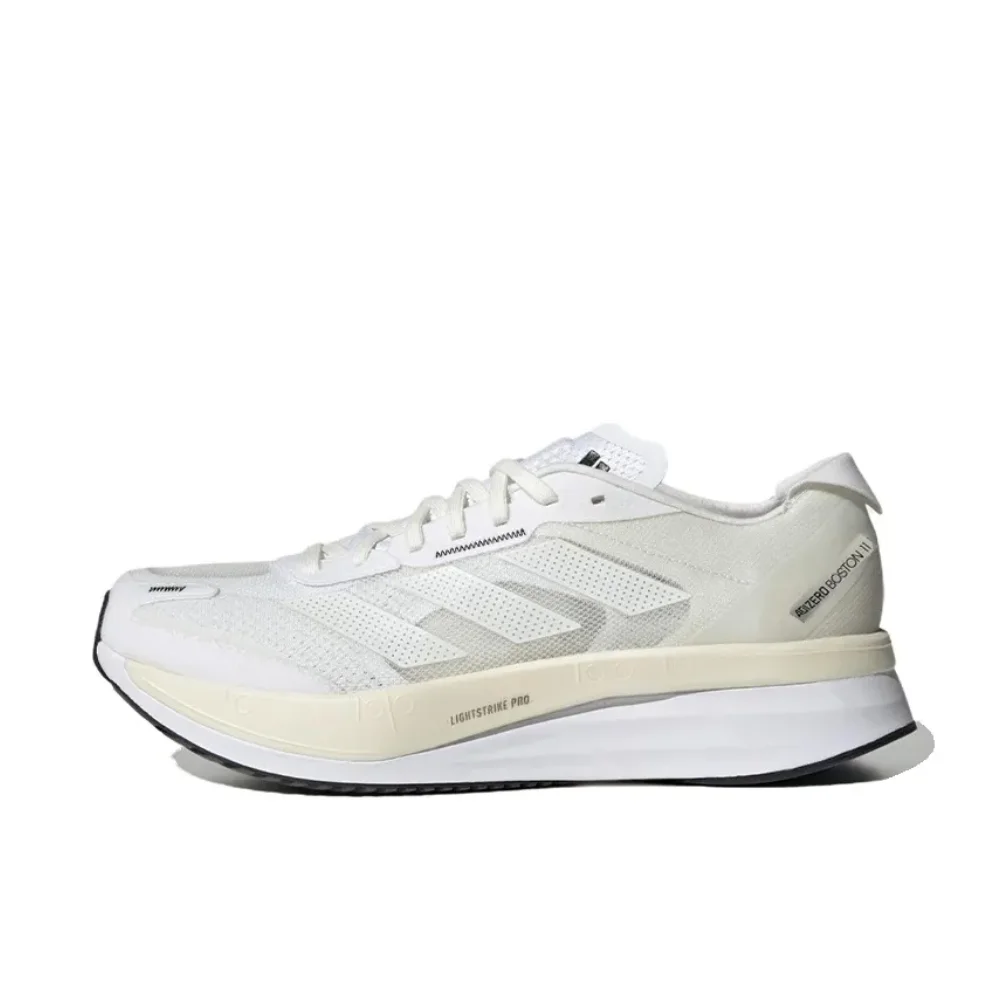 Adidas White Adizero Boston 11 Comfortable Breathable Low Top Running Shock Absorbing Anti-slip Men's and Women's Sneakers