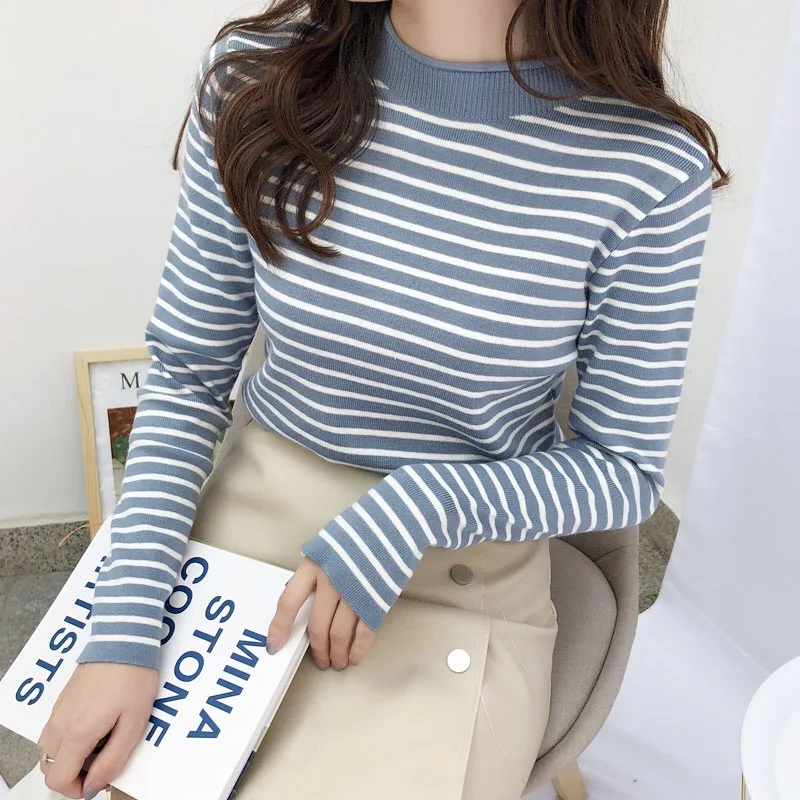 ITOOLIN Winter Women Striped Mock Neck Sweaters Slim Elastic Casual Pullovers For Women Knit Long Sleeve Warm Tops 2023 Autumn