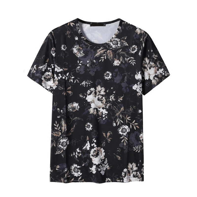 European and American men's wear summer 2022 new  Short sleeve round collar flower print  Fashion ice silk T-shirt