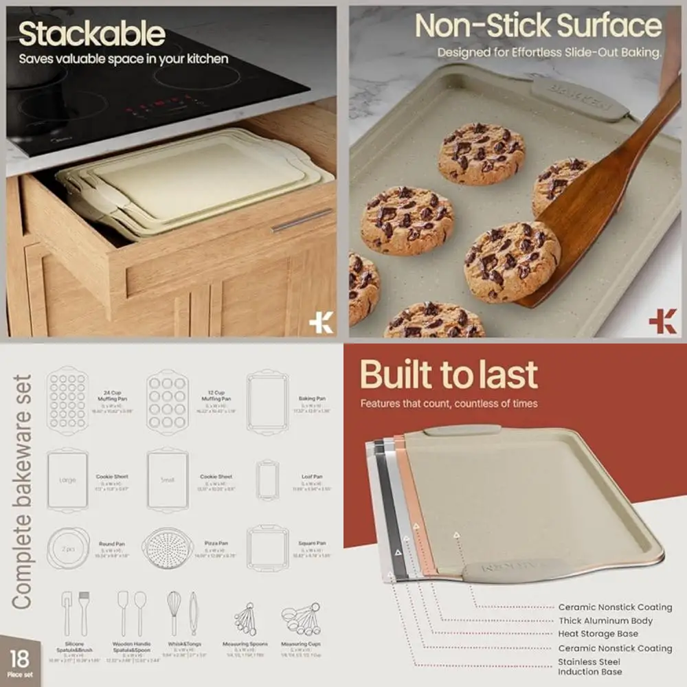 

Professional 18-Piece Bakeware Set with Nonstick Pans and White Silicone Handles for Kitchen Oven Baking