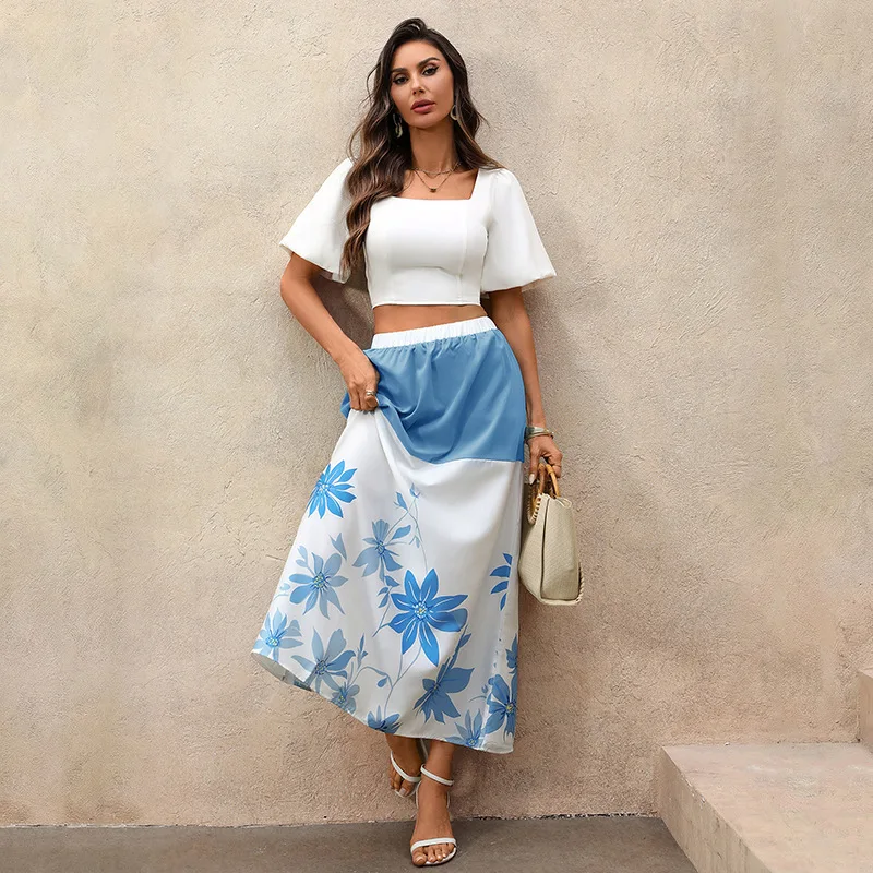 High Waist A Line Flowy Casual Loose Fit  Vacation Daily Long Skirt Women's New Floral Print Color Block Maxi Skirt With Elastic