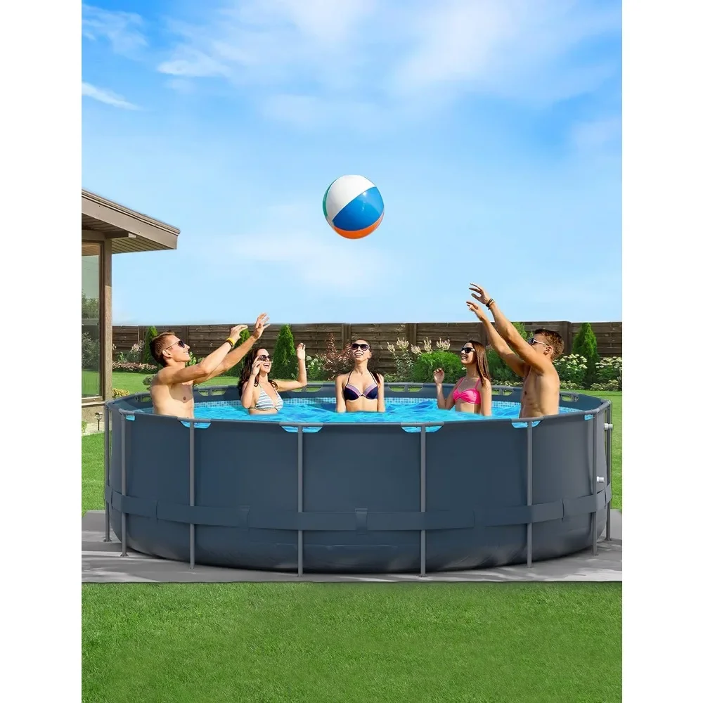 Metal frame swimming pool set, circular swimming pool, equipped with sand filter pump, pool ladder, ground cloth, and pool cover