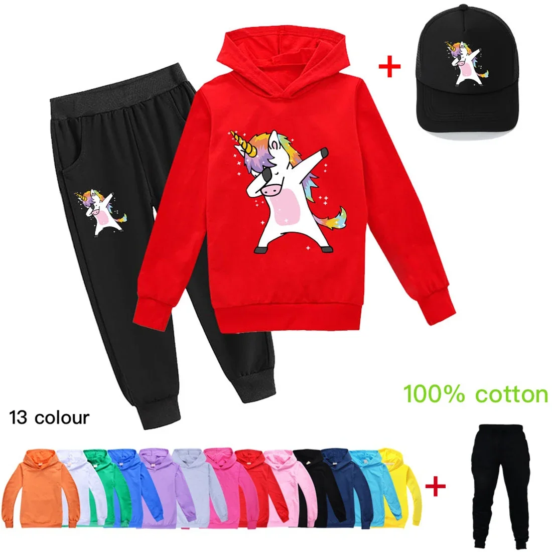 

Unicorn Kids Clothes Boys Girls Sports Shirts Pony Animal T-shirt Hoodie Casual Hoodies Tops+Pants+Sunhat 3PCS Sets Sweatshirt