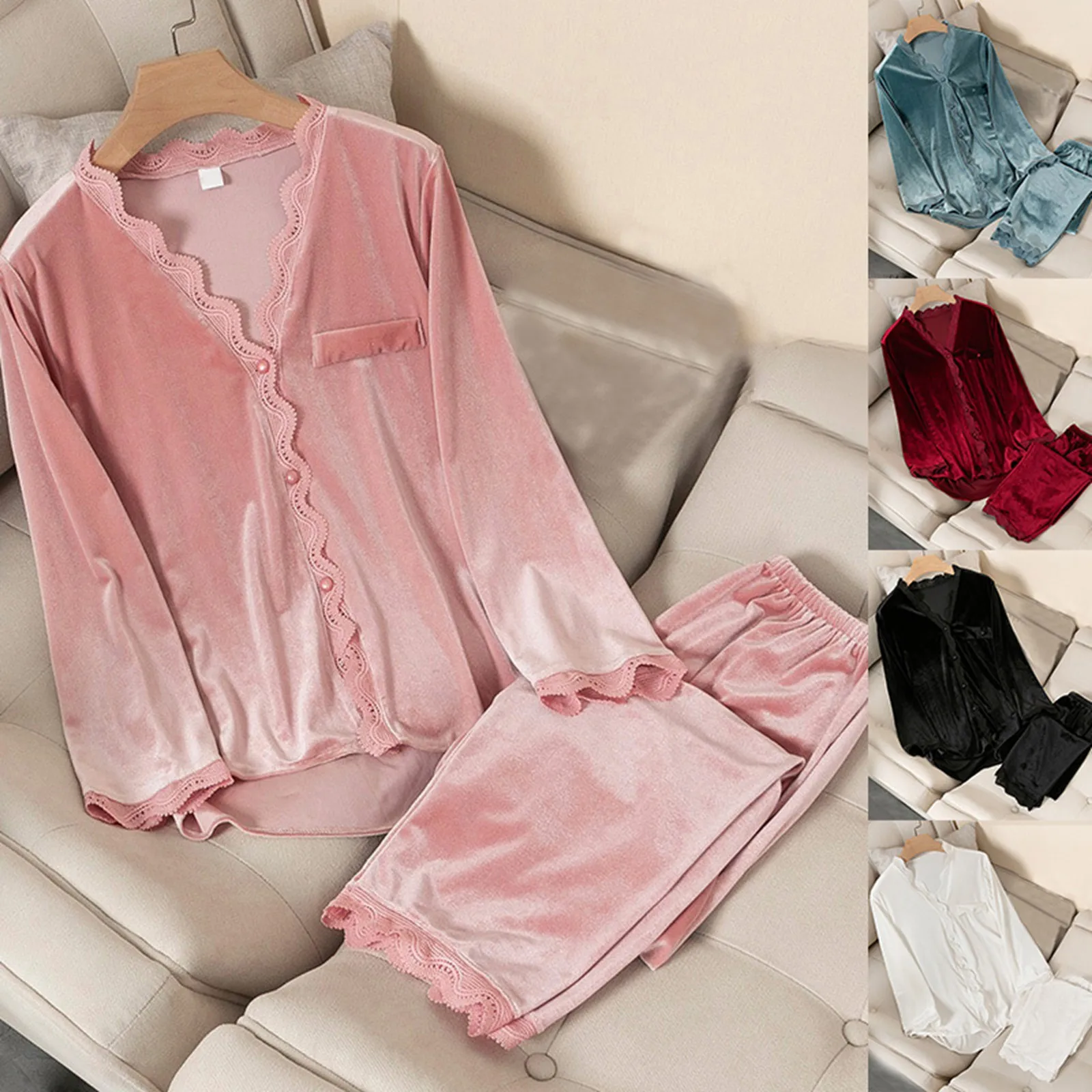 Ladies Long Sleeve V Neck Lace Side Sweet Two Piece Set Home Clothing Solid Color Loose Casual Comfort Women's Sleepwear