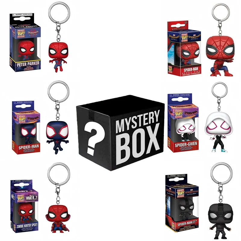 

Blind box contains 6 randomly selected Spider-Man PVC statue keychains, cute cartoon superhero bag zipper charms or gifts