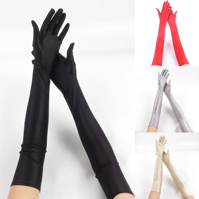 52CM Women Elegant Solid Spandex Thin Soft Stretch Sun Protection Stage Performance Driving Riding Cosplay Party Long Gloves