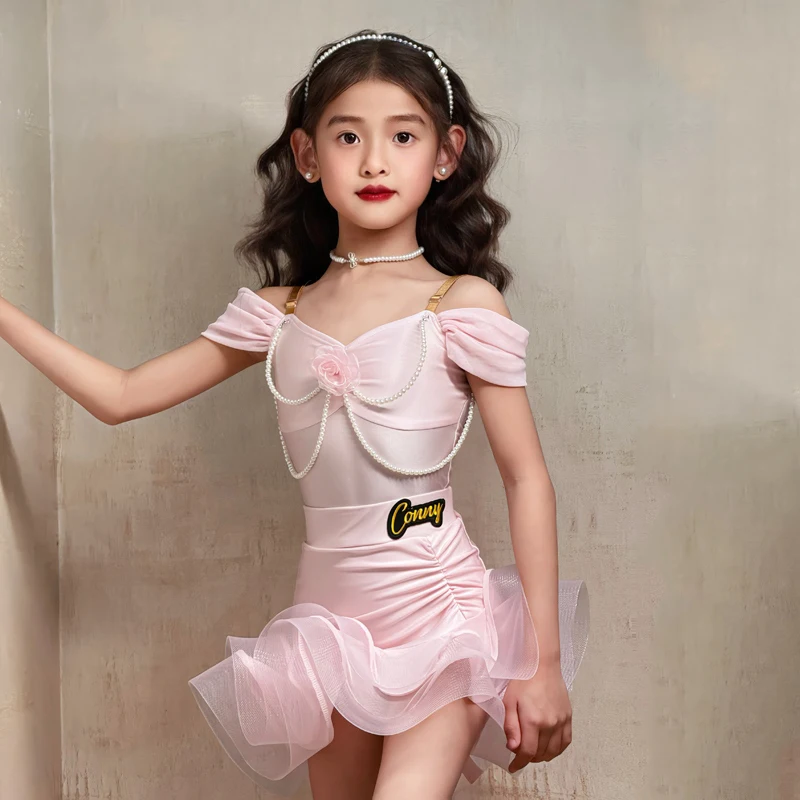 

Off Shoulder Girls Latin Dance Costume Performance Clothing Standard Practice Clothes Kids Pink Bodysuit Tops Skirt Set VBH1334