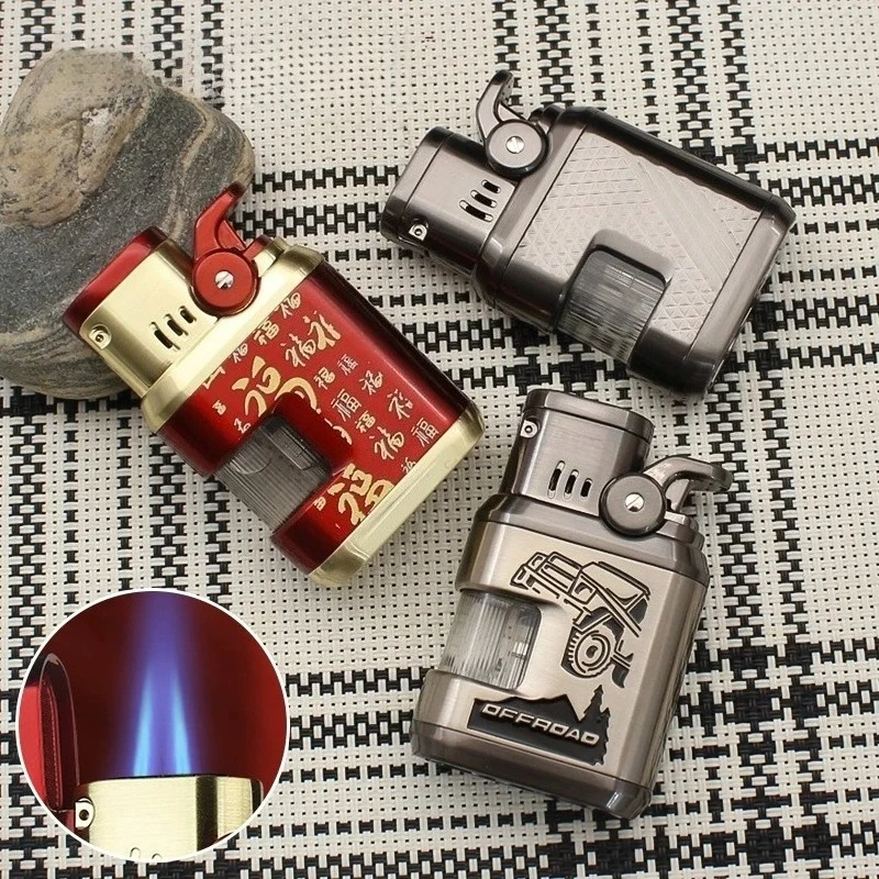 

Fashion Metal Double Blue Flame Cigar Lighter Outdoor Windproof Perspective Window Butane Inflatable Lighter High end Men's Gift