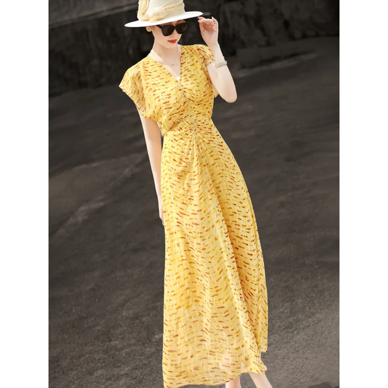 MEXCOCO 2026 Summer French Elegant V Neck Cap Sleeve Abstract Stripe Twisted Pleated Waist Slim Maxi Resort Dress
