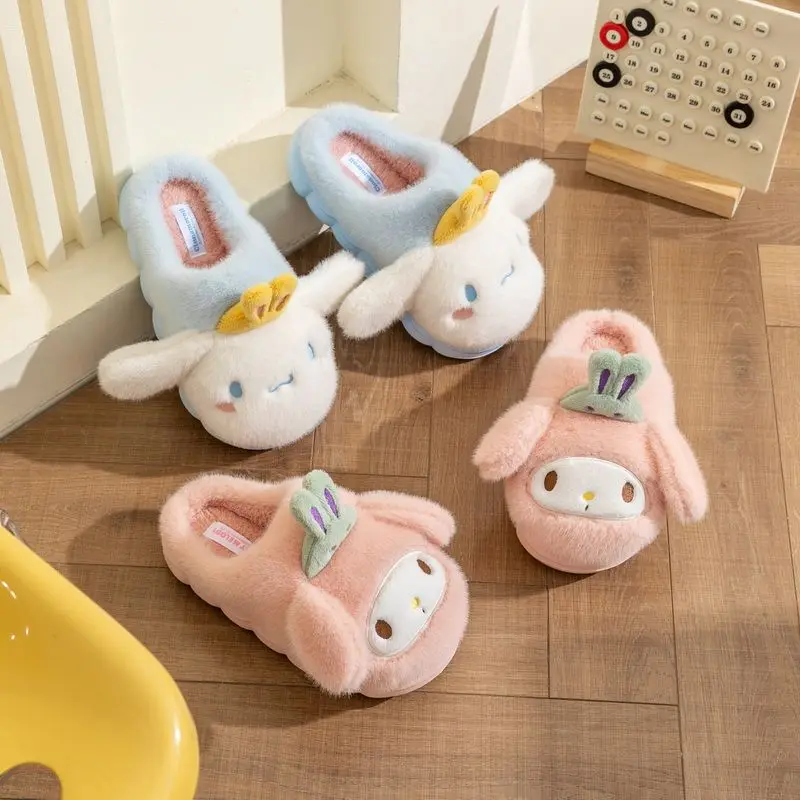 Pantoufles en coton Anime Sanrios, chaussures parent-enfant de dessin animé, pantoufles d'intérieur chaudes pour la maison, mignon Kuromi Cinnamoroll, automne et hiver