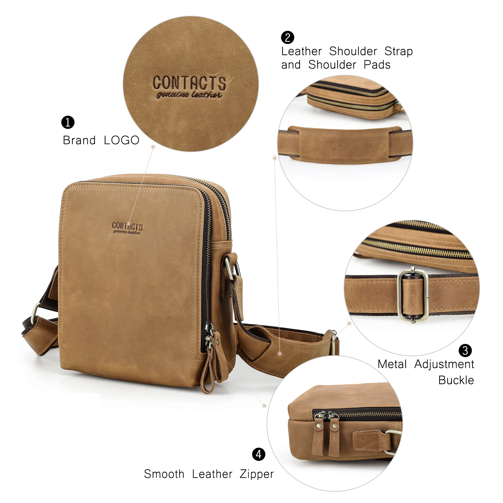 CONTACT\'S Casual Men Messenger Bags Genuine Leather Men\'s Shoulder Bag Famous Brand Design Male Bag High Quality Vintage Bolsos