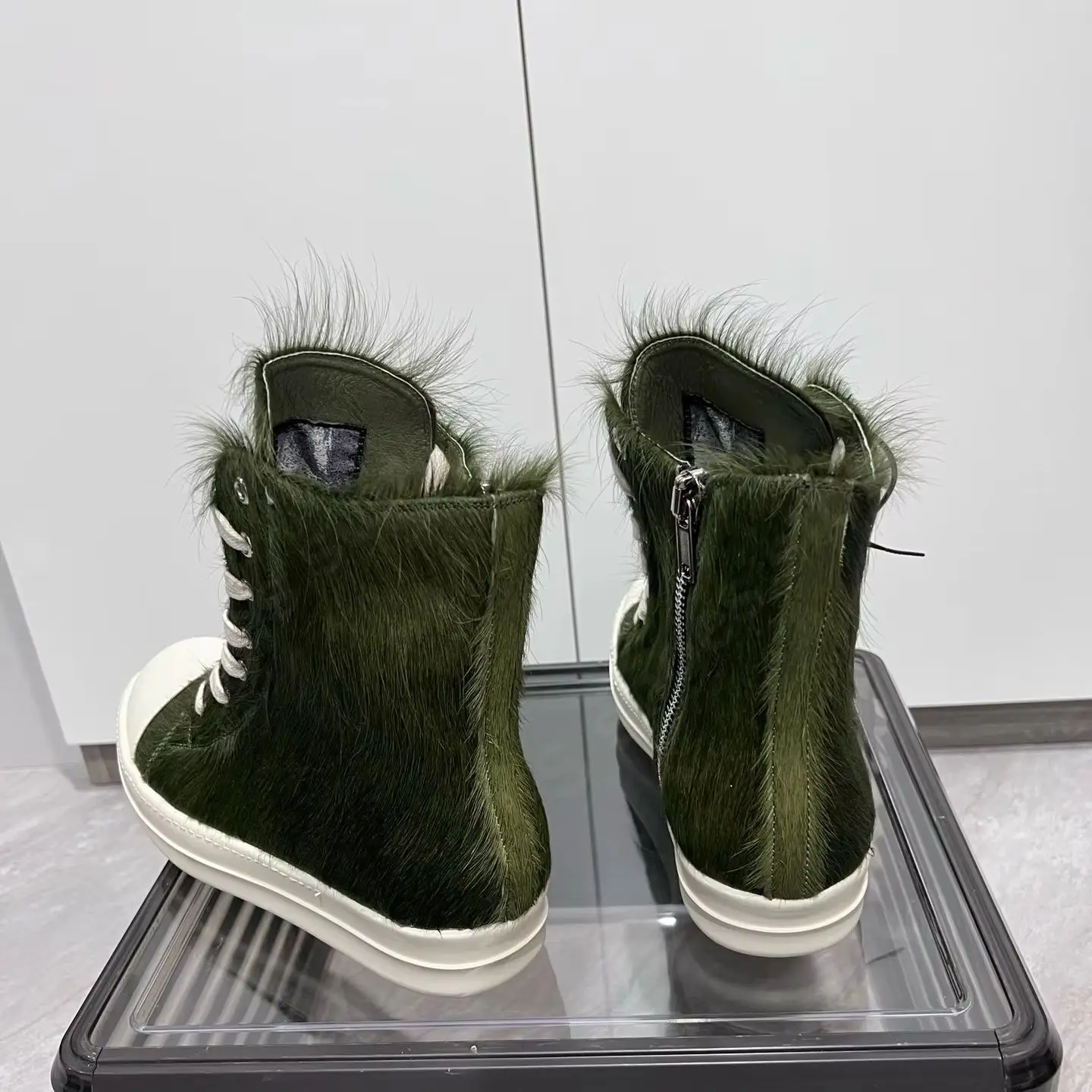 Ricks sepatu rambut kuda Owens pria desain klasik Sneakers tinggi wanita sepatu bulu kuda hijau tentara ritsleting renda Sneakers luar