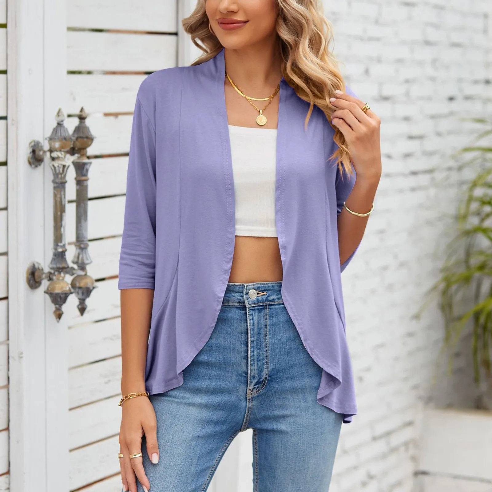 Tops Cardigan Frente Aberta para Mulheres, Bolero Shrugs, Cor Sólida Casual, Bainha Babados, Casaco Fino, Streetwear