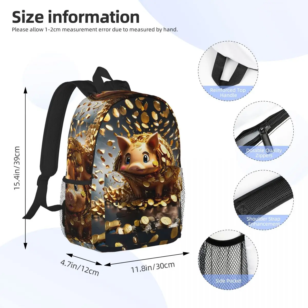 Gold Coins Flying Cute Golden Piggybank Backpack Student Boys Girls BookBag Men Women School Bag Laptop Shoulder Bags