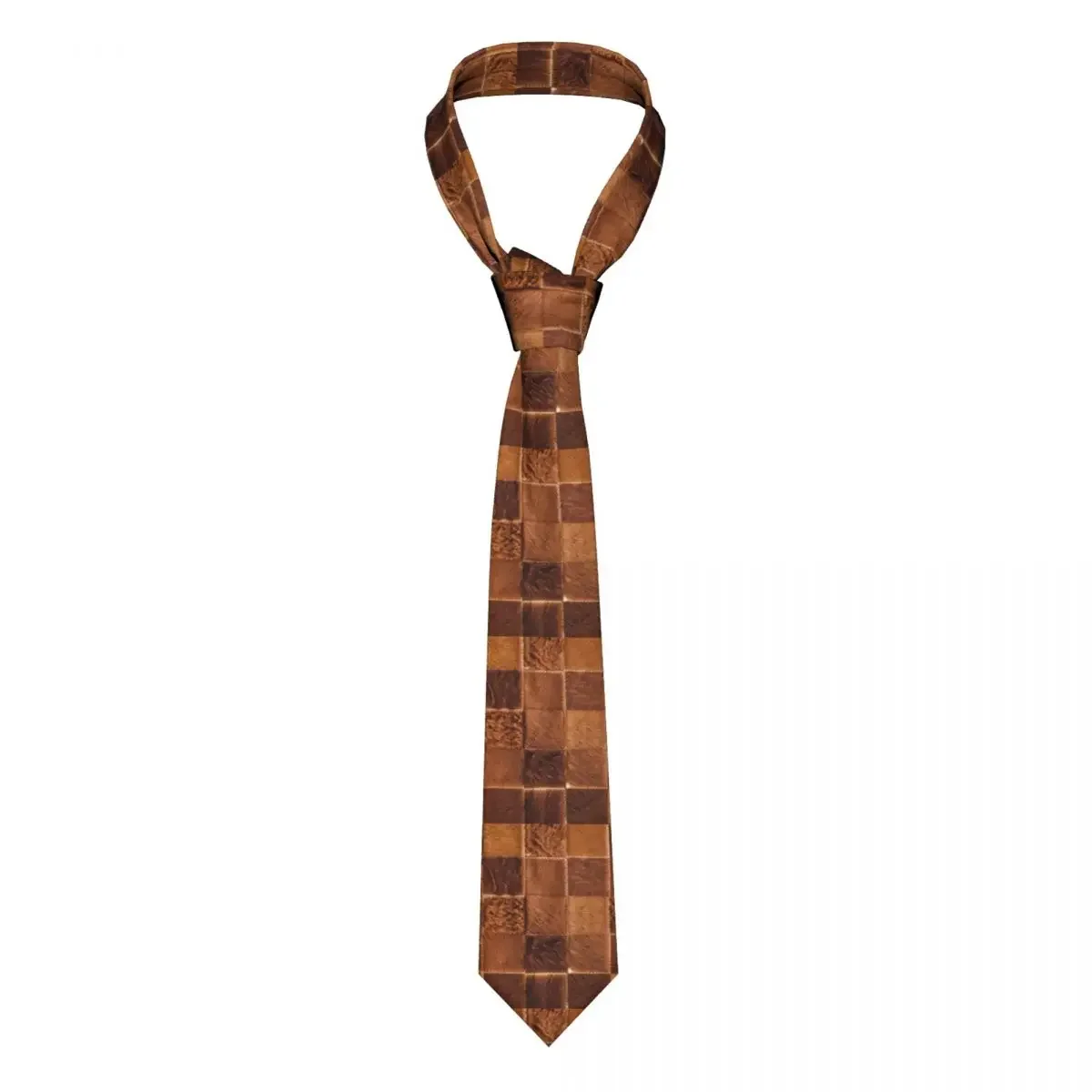 Custom Brown Checkered Cowhide Patche Ties Mens Classic Silk Animal Fur Leather Texture Neckties for Office