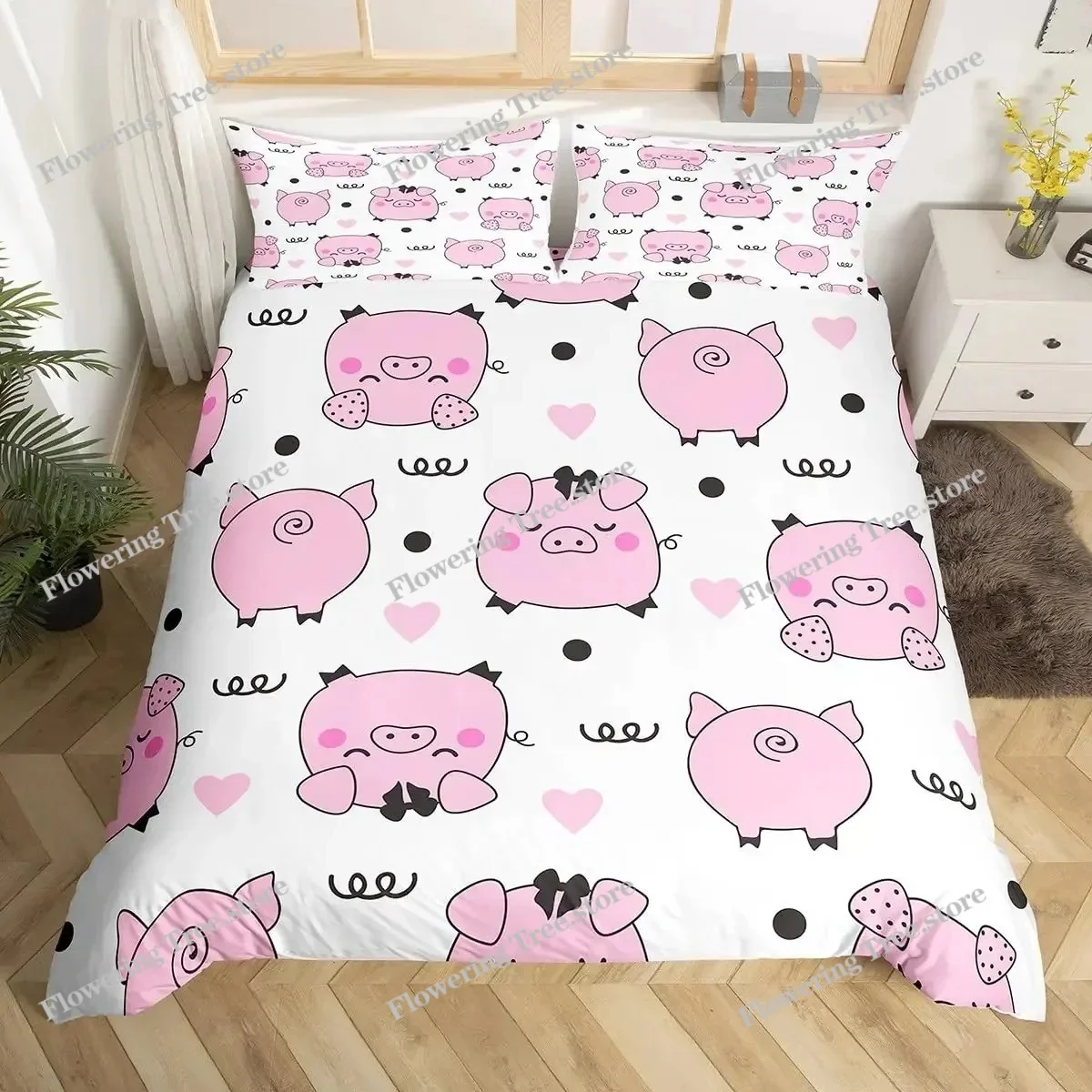 

Pig Duvet Cover King Twin Lovely Cartoon Piggy Comforter Cover,Girls Pink Bedding Set Kawaii Farm Animal Microfiber Quilt Cover