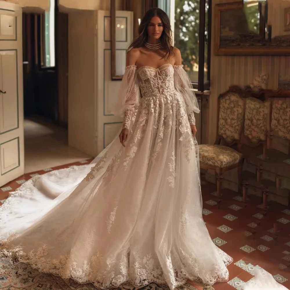 

Elegant Sweetheart Half Sleeve Zipper Wedding Dress Charming Lace Applique Bridal Gown Customized Vestidos De Novia for Women