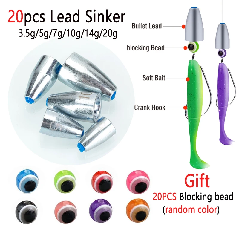 20 قطعة ثقالة دودة الرصاص 3.5 جرام-20 جرام ثقالة الرصاص المصنوعة من سبيكة مع قلب بلاستيكي لملحقات أدوات صيد الأسماك والكارولينا #1