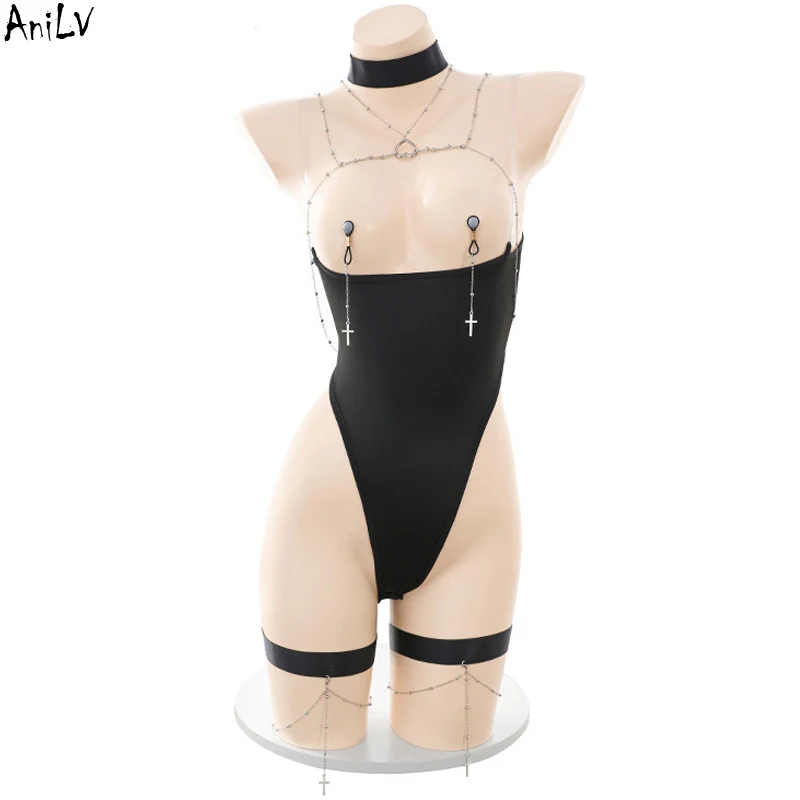 AniLV Women Body Chain Breast Clip Bodysuit Lingerie Set Temperament Outfits Erotic Costumes