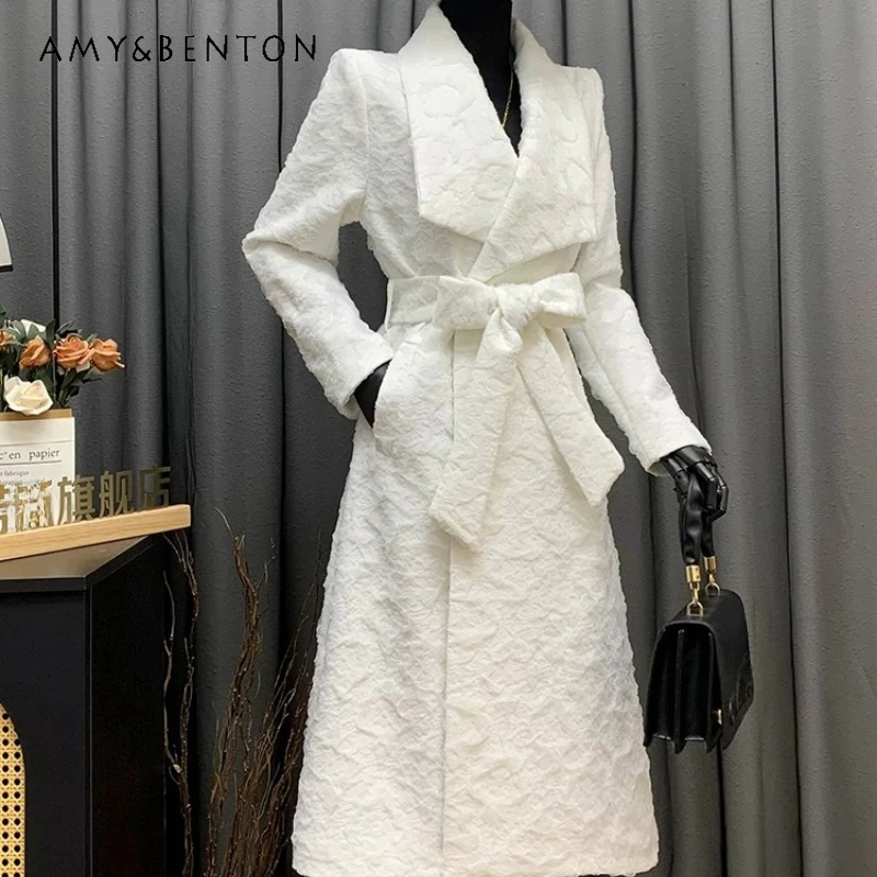 

White Pleated Yarn 3D Embroidery Jacquard Women's Trench Coat 2026 Spring Autumn Slimming Thin Versatile Lapel Suit Coats Ladies