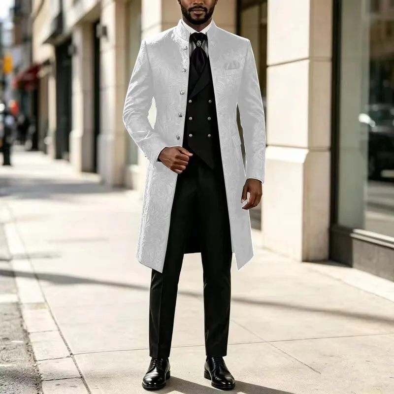 Formal Men's Suits 3 Pieces Long Blazer Vest Pants Stand Collar White Jacquard Set for Wedding Dinner Party Male Dress Tuxedos