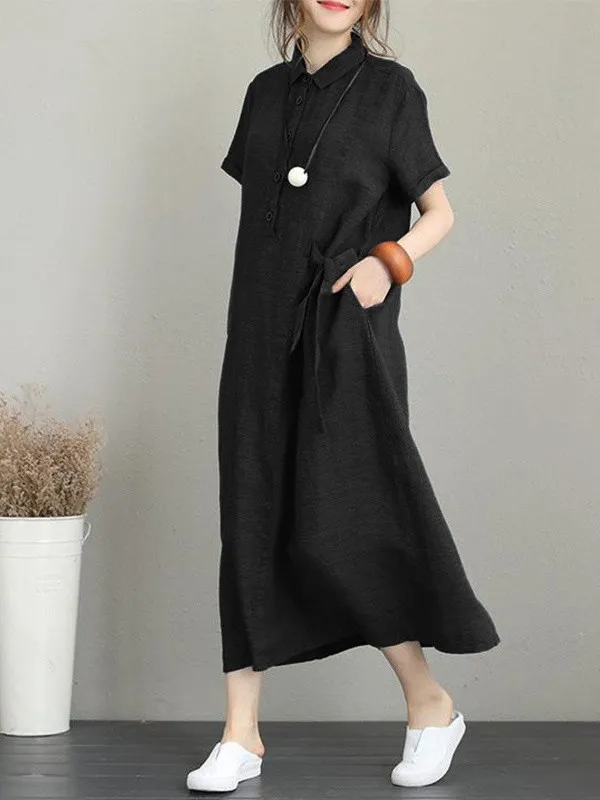 Elegant Cotton Linen Loose Short Sleeve  Collar Women's Casual Dress Commute Style A-Line Skirt Polyester Fiber