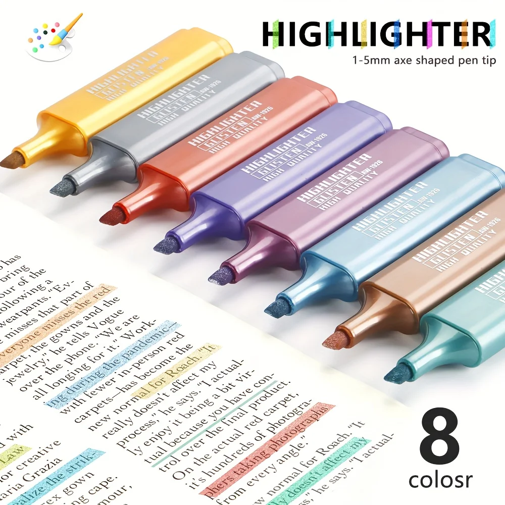

8 Colors Highlighter Set Chisel Tip 1-5mm Marker Pens Fluorescent Pastel Markers for School Office Study