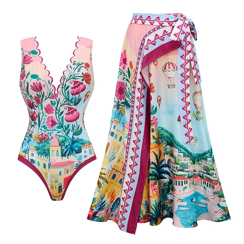 Traje de baño Sexy de realce para mujer, traje de baño estampado con cuello en V de una pieza, Monokini sin espalda, ropa de playa para verano, traje de baño adelgazante