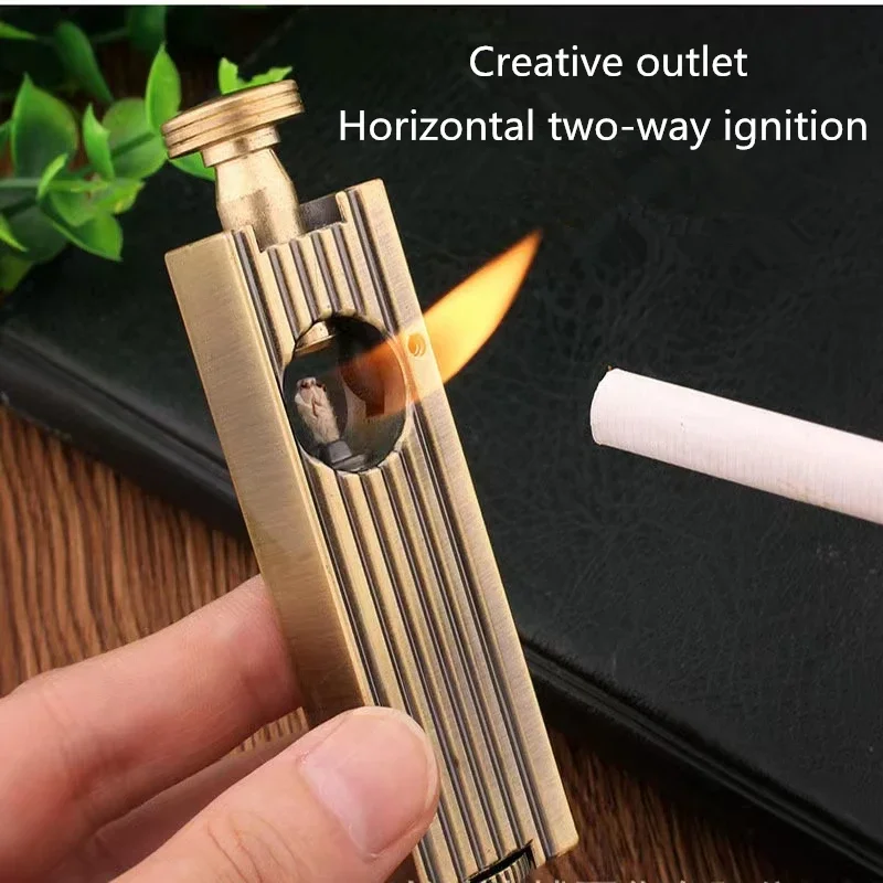 Retro Horizontal Pull Type Pure Copper Horizontal Two-Way Grinding Wheel Ignition Kerosene Lighter Smoking Accessories Gadgets