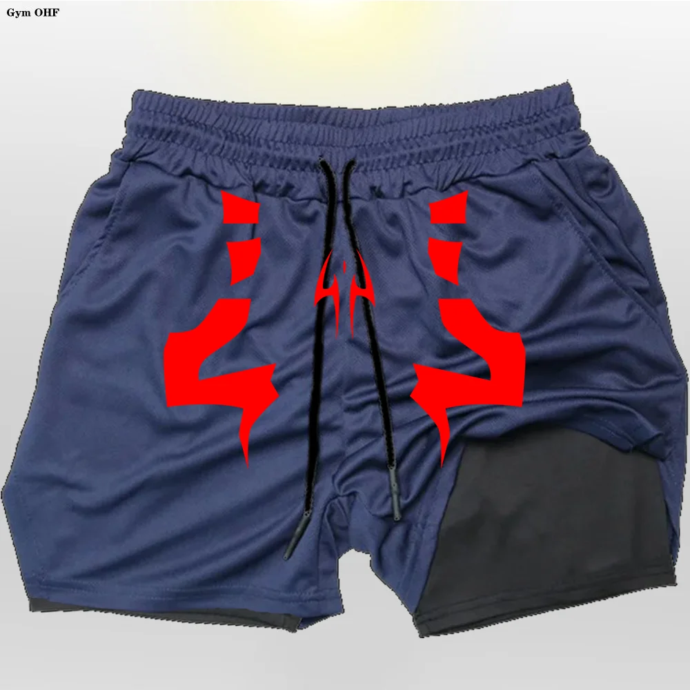 Double Layer Shorts Men\'sPrint Gym Casual Sports Compression Shorts Running Mesh 2-in-1 Sports Boxing Training Shorts Man