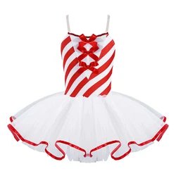 Girls Ballet Tutu Dance Dress Sleeveless Stripes Print Mesh Tutu Dress for Christmas Cosplay Dancewear Stage Performance