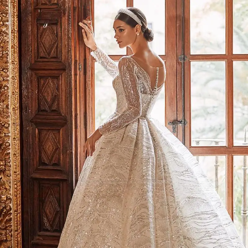 Carol Ball-vestido De Novia De manga larga con cuello en V, traje De Novia De princesa con lentejuelas brillantes y botones, 2023