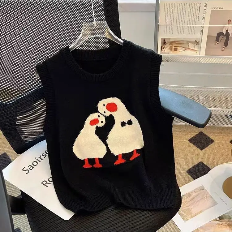 Spring Cartoon Two Ducklings Vest Female 2024 Autumn Round Neck Pullover Sleeveless Vest Design Sense Top