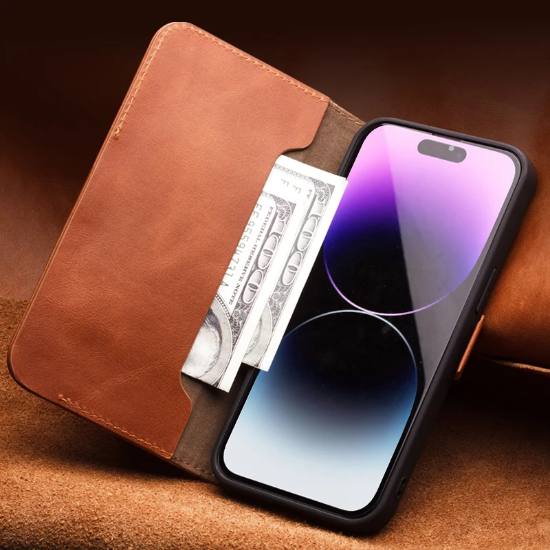 QIALINO Genuine Leather Flip Case for iPhone 14 Pro Max Handmade Phone Cover with Card Slots for iPhone 14 Pro Cover for 14 Plus