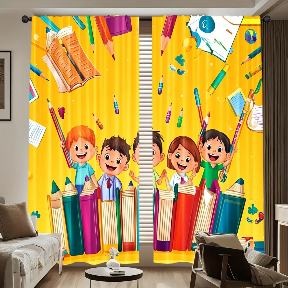 Kids Cartoon Curtain, Children with Pencil Book Print Blackout Curtains, School Theme Drapes, Playroom Bedroom Decor, 2 Panels